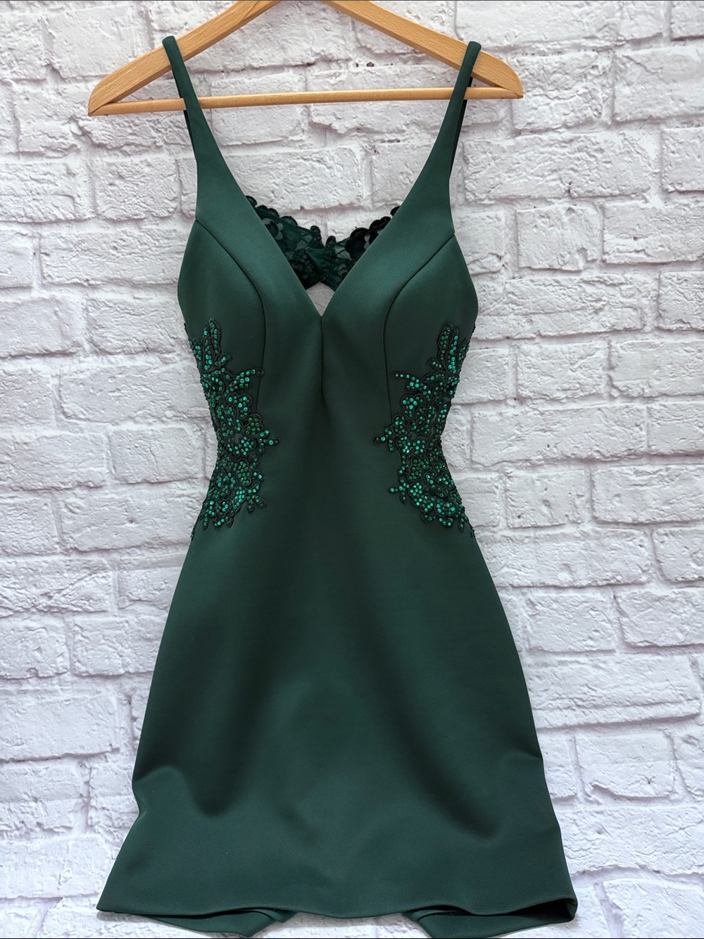 Emerald Green Embellished V-Neck Dress